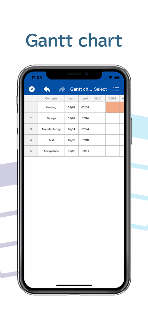 Table Notes Spreadsheet maker - Un'interfaccia di diagramma di Gantt su uno smartphone che mostra attività di progetto e pianificazioni utilizzando l'app Table Notes.