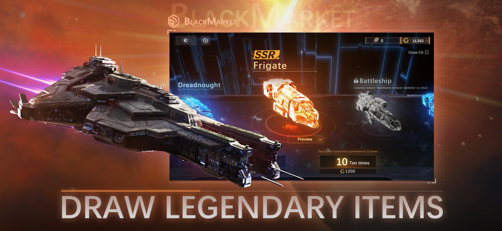 Captura de pantalla de Nova Space Armada mostrando el mercado negro para conseguir naves de guerra SSR legendarias