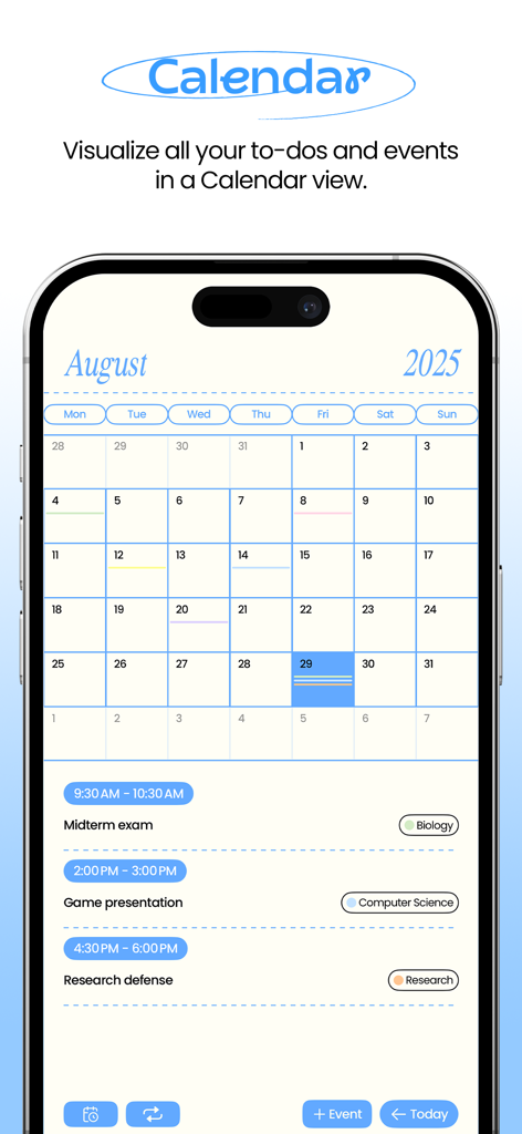 Folderly - Academic Organizer - Una vista de calendario mensual minimalista en la aplicación Folderly que muestra tareas estudiantiles como exámenes y plazos de defensa de investigación.