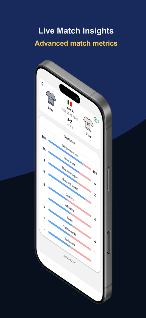 BetPredict AI: Betting Tips - Mobile app screen showing live soccer match statistics including ball possession and shots for a Serie A game