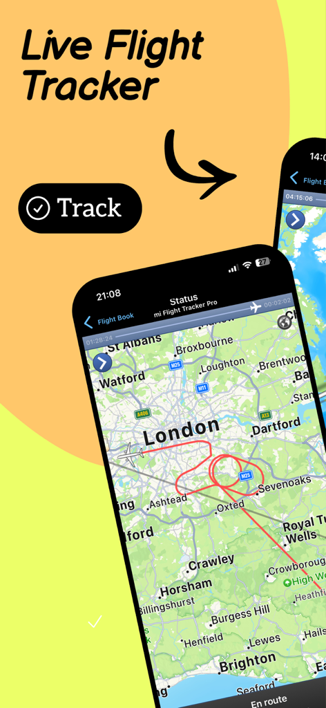 A smartphone displaying a live flight tracker app with an airplane flight path over a map of London