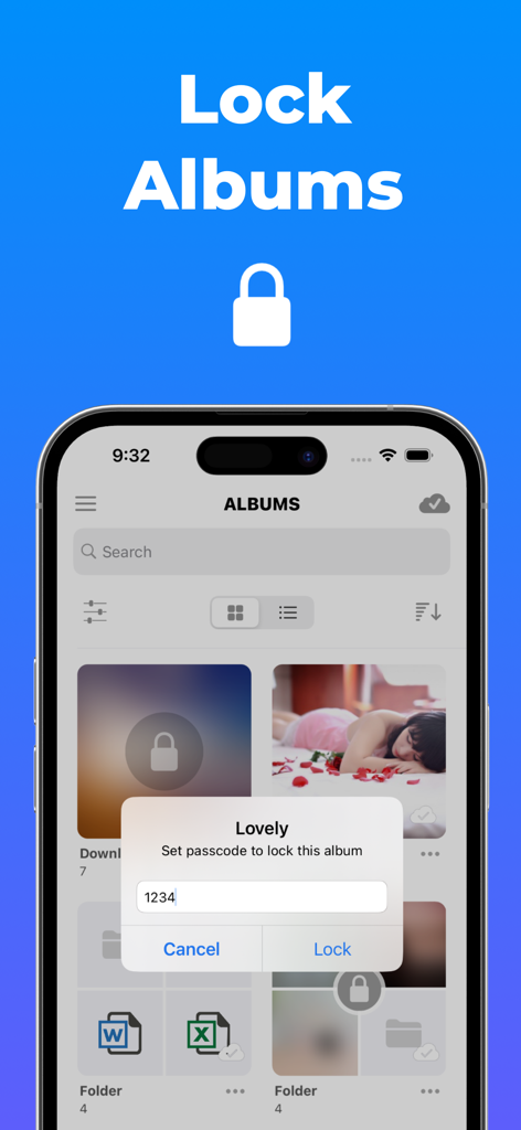 Secure Folder: Photo Vault - Aplicativo Secure Folder exibindo um aviso para definir uma senha única para um álbum de fotos intitulado 'Lovely'