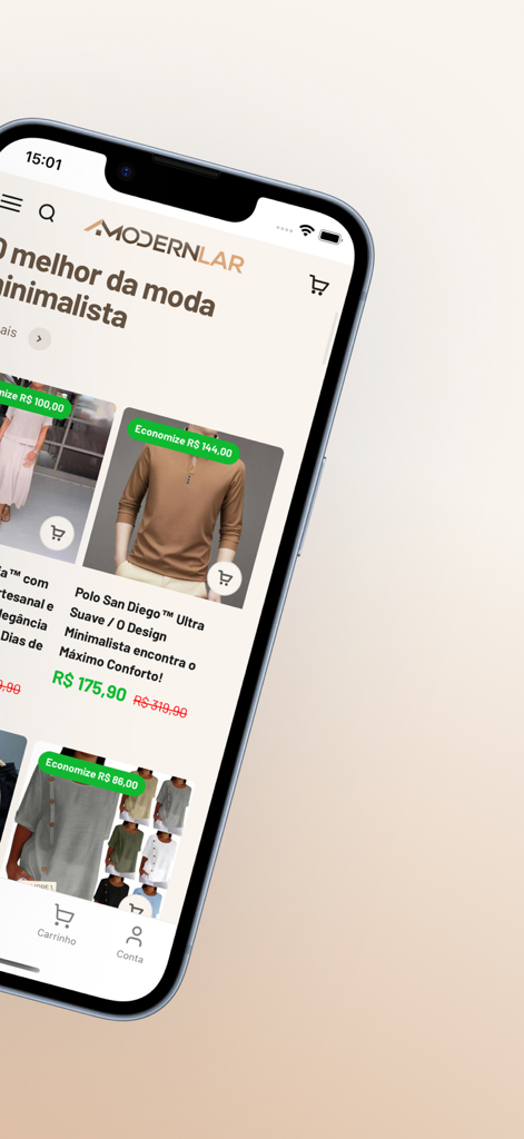 Modernlar - Interface do aplicativo móvel Modernlar mostrando uma coleção de roupas minimalistas e produtos de estilo de vida.