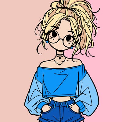 girl with a messy ponytail glasses a baggy crop top and jean shorts