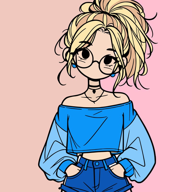 girl with a messy ponytail glasses a baggy crop top and jean shorts