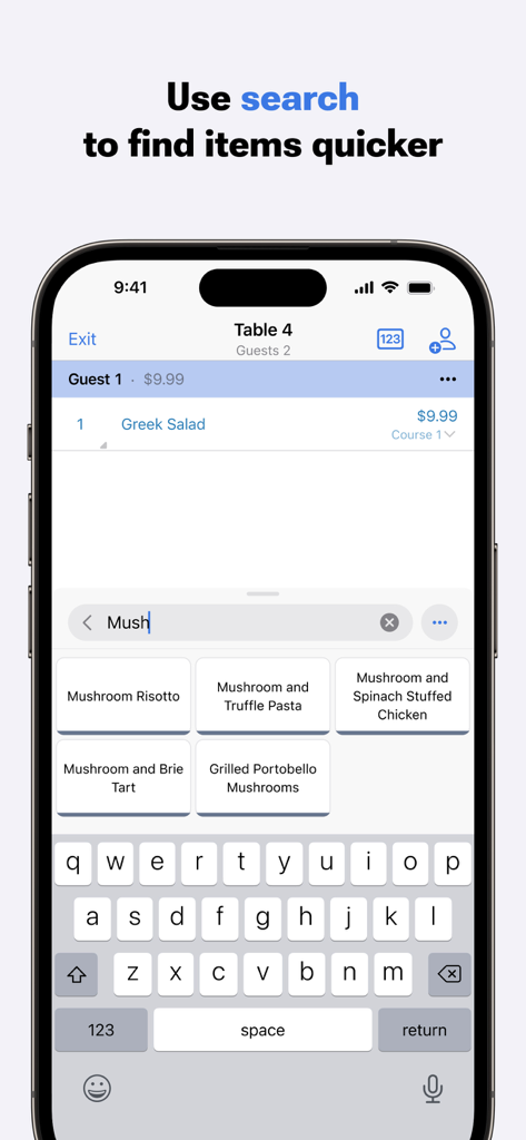Suchoberfläche in der iikoWaiter App, die eine Liste von Pilzgerichten anzeigt, die auf einem iPhone gefiltert werden