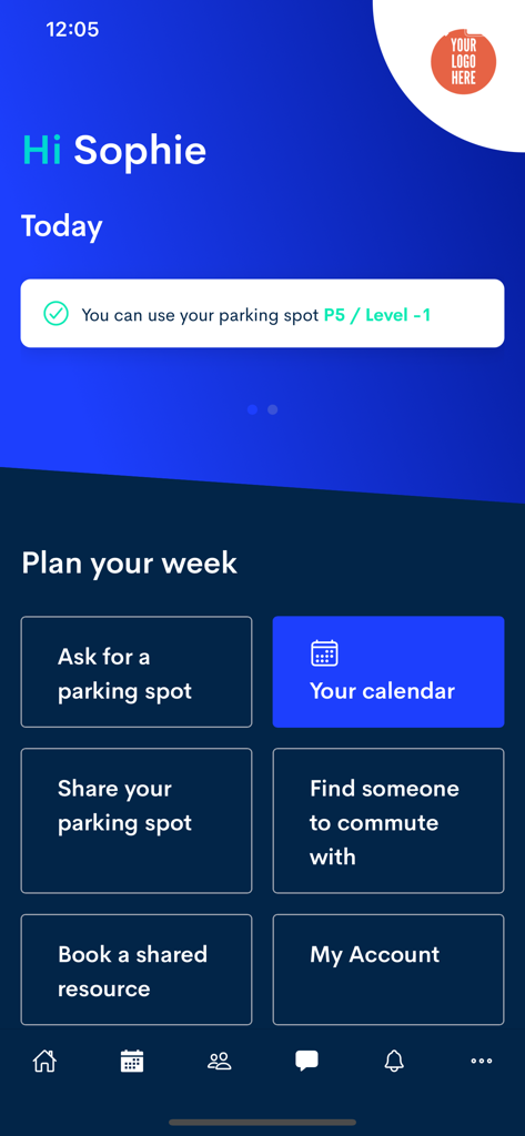 Commuty - Commuty mobile app dashboard showing parking spot status and weekly commute planning