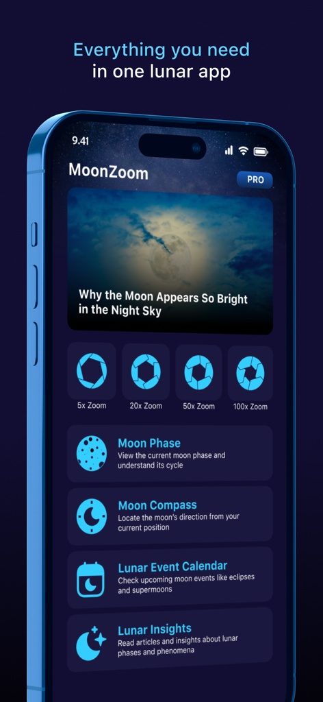Moon Zoom Pro: Camera 100x - Interfaz de usuario de Moon Zoom Pro que muestra los niveles de zoom de la cámara y las funciones de seguimiento lunar.