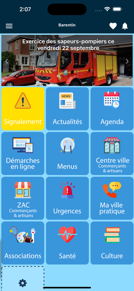 myMairie - The home screen of the myMairie mobile app displaying a grid of service icons including reports news events and emergency alerts