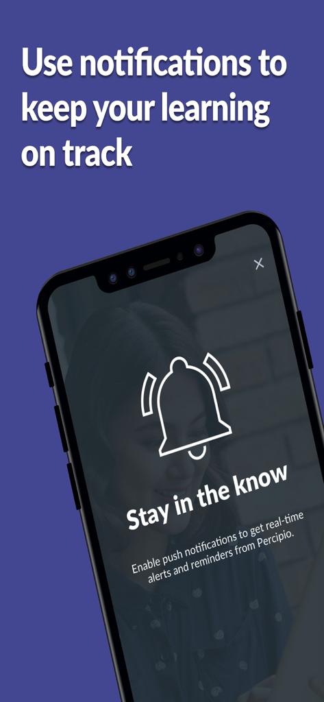 Pantalla de la aplicación Skillsoft Percipio mostrando una notificación push para mantener el aprendizaje profesional al día