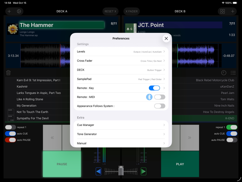 PlayBacker for iPad - Menú de configuración de PlayBacker para iPad que muestra preferencias de audio y control remoto