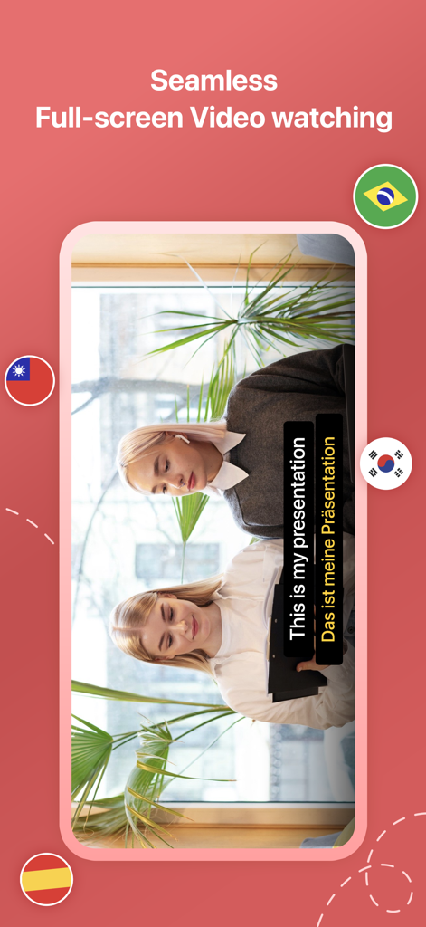 Interface de l'application BiliTube montrant une vidéo avec des sous-titres anglais et allemands en mode plein écran.