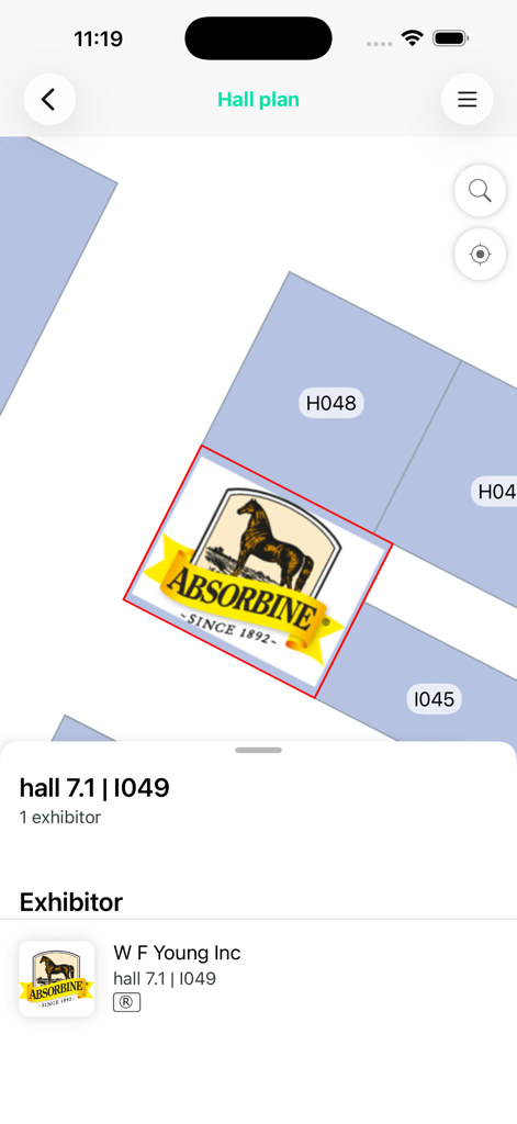 出展者のブースの場所と詳細が表示されたspoga horseアプリのインタラクティブなホールプランマップ。