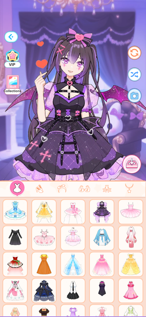 Love Idol: Beauty Dress Up - Un personaje ídolo de anime con un vestido gótico morado usando el menú de selección de atuendos en el juego Love Idol.