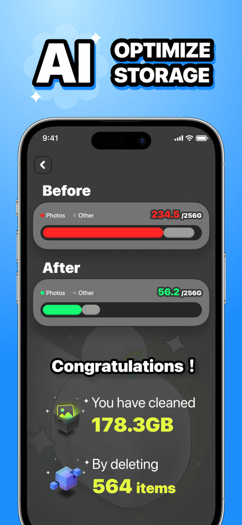 Oberfläche zeigt iPhone-Speicher vor und nach der Bereinigung mit 178 GB freiem Speicherplatz