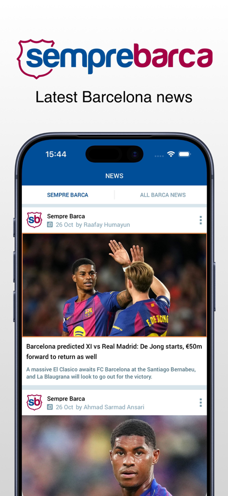 Sempre Barca 모바일 앱에 FC 바르셀로나 최신 기사와 경기 업데이트가 포함된 뉴스 피드가 표시됩니다.