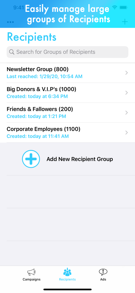 Mobile interface of the Advertisement app showing managed contact groups for mass marketing campaigns