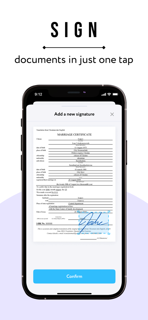 Función de firma digital en la aplicación escáner PDF eScan en un iPhone