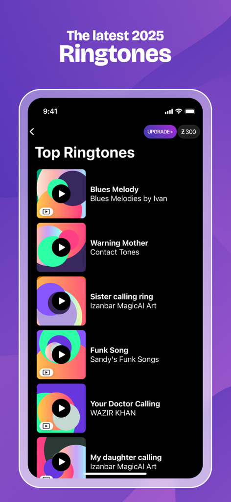 Pantalla móvil de la aplicación Zedge mostrando una lista curada de los mejores tonos de llamada con iconos abstractos coloridos y botones de reproducción.