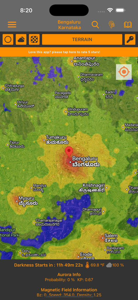Interactive light pollution map showing terrain and darkness data for stargazing