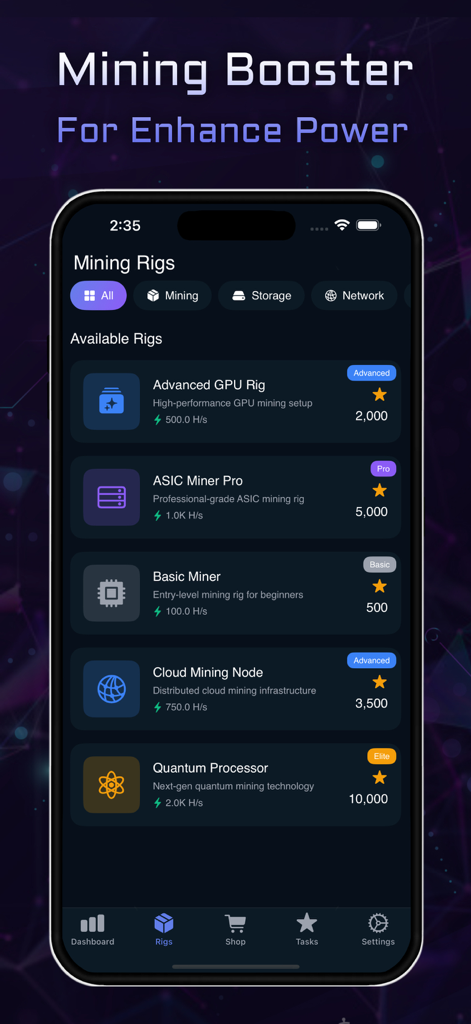 Interfaz de la aplicación de simulación de minería de Ethereum mostrando una lista de equipos de minería disponibles como mineros GPU y ASIC