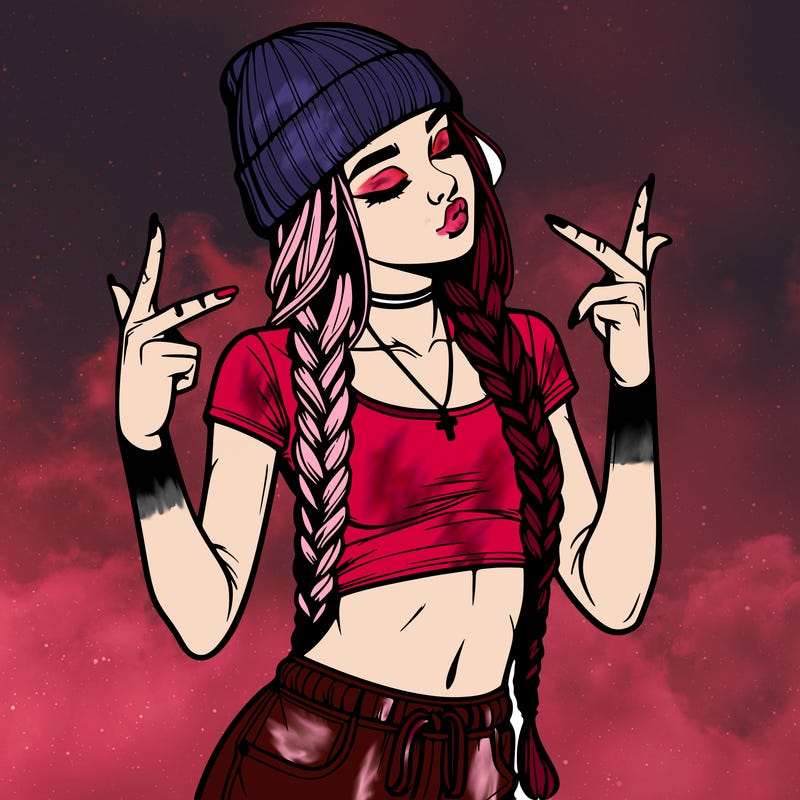 realistic teenage girl with braids and a beanie and crop top doing 🫶🏼