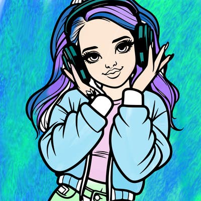 a famous girl listening to music on a street with headphones doing a pose