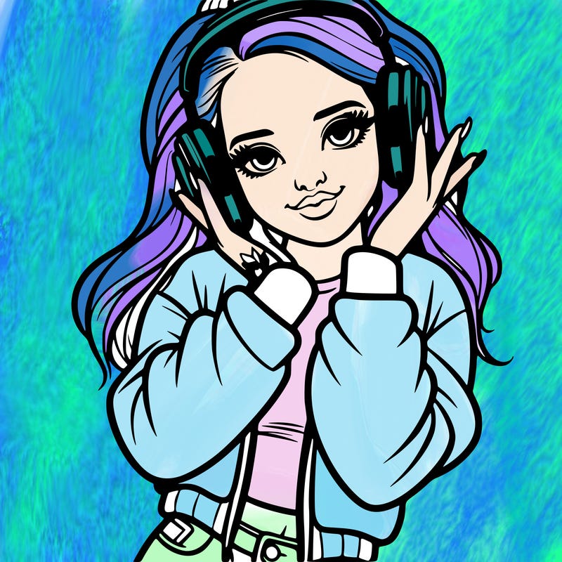 a famous girl listening to music on a street with headphones doing a pose