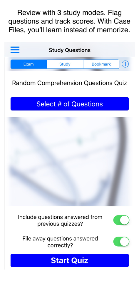 High Risk Obstetrics app interface showing quiz settings and study modes