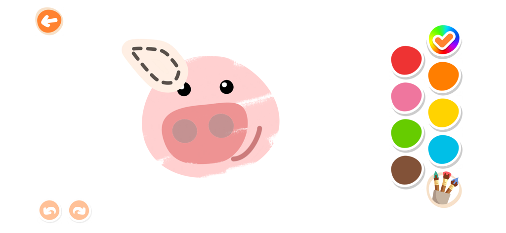 Kidify: Kids Color, Play, Talk - Toddler drawing a pink pig with guided steps and color palette in Kidify app