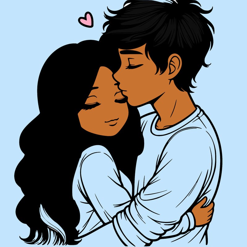 a realistic couple boy and girl hugging and kissing