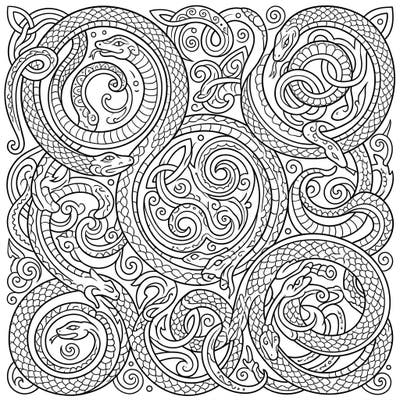 Explore a mesmerizing world of ancient symbolism with this intricate Celtic serpent knots coloring page, designed especially for teens. Immerse yourself in detailed patterns and bring these mythical creatures to vibrant life.