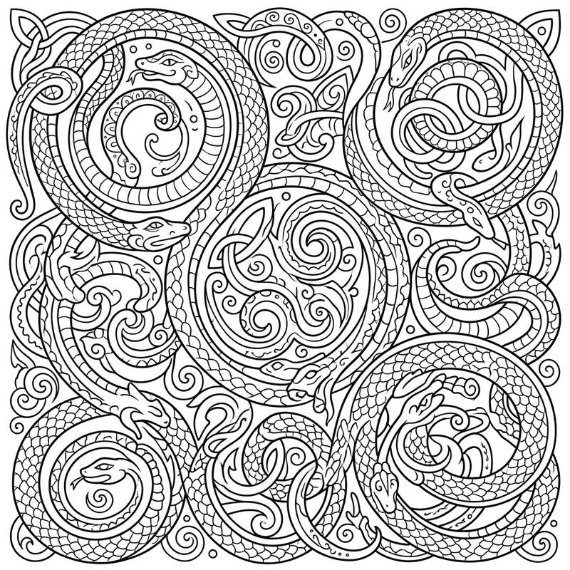 Explore a mesmerizing world of ancient symbolism with this intricate Celtic serpent knots coloring page, designed especially for teens. Immerse yourself in detailed patterns and bring these mythical creatures to vibrant life.