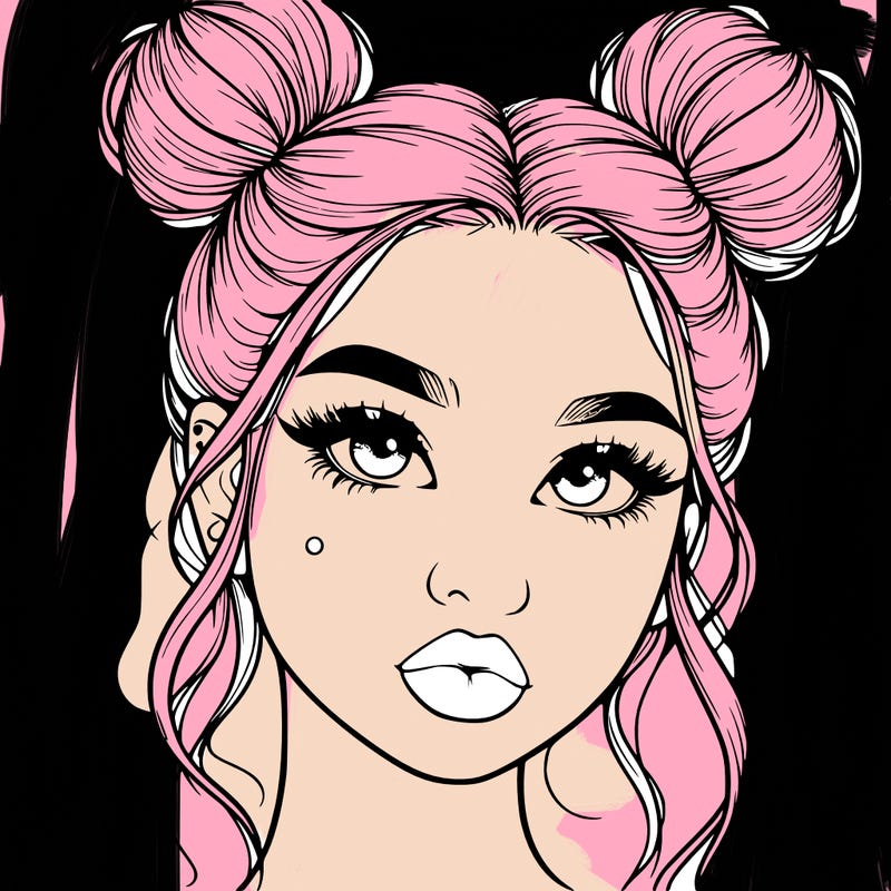 realistic girl with two buns on her hair and lips