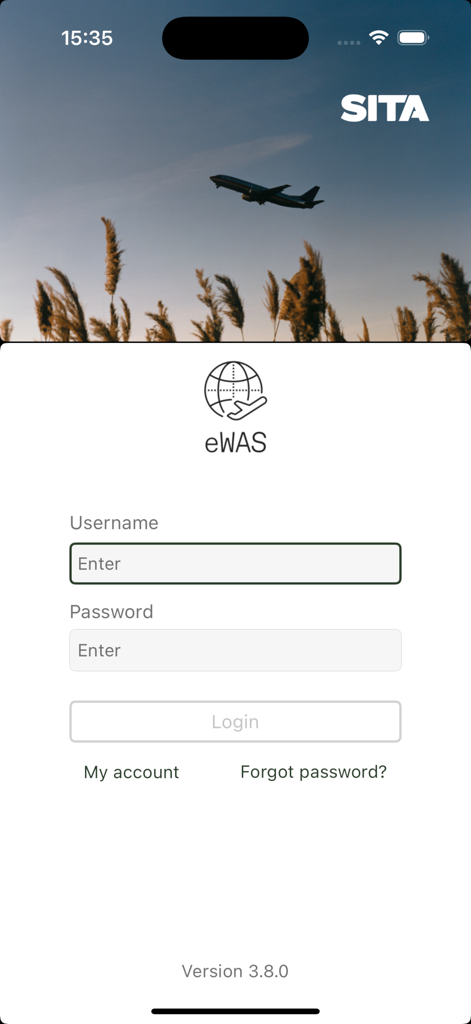 Écran de connexion de l'application météo aéronautique professionnelle SITA eWAS montrant les champs de nom d'utilisateur et de mot de passe
