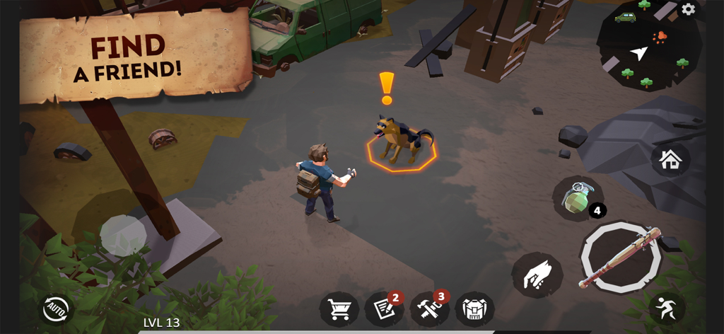 Last Survivor: Zombie Survival - A player character meeting a dog companion in the post-apocalyptic world of Last Survivor.