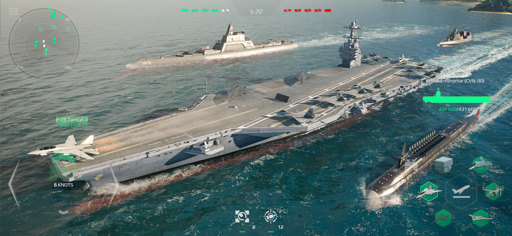Modern Warships: Naval Battles - A realistic naval combat scene in Modern Warships featuring the USS Enterprise aircraft carrier and a fighter jet taking off