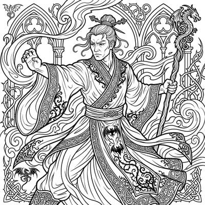 Step into a realm where ancient martial arts meet gothic elegance with this captivating coloring page. Dive into intricate details as you bring this powerful Kung Fu Master to life amidst a backdrop of dark fantasy.