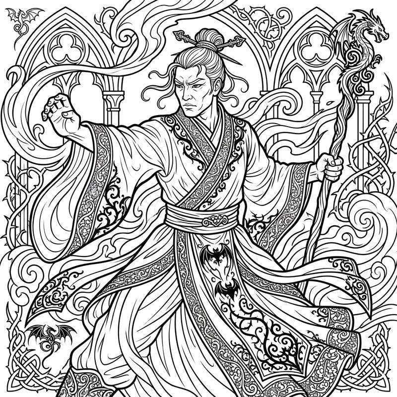 Step into a realm where ancient martial arts meet gothic elegance with this captivating coloring page. Dive into intricate details as you bring this powerful Kung Fu Master to life amidst a backdrop of dark fantasy.
