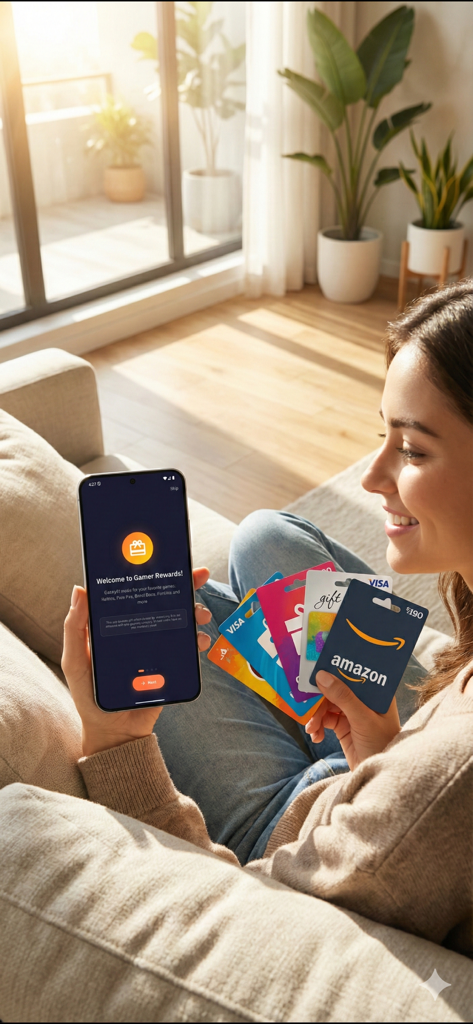 Game Rewards: Earn Gift Cards - A woman holding a smartphone showing the Game Rewards app and several gift cards.