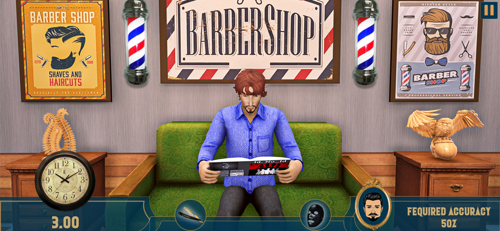 A character sitting on a sofa reading a magazine in a barber shop waiting area simulation