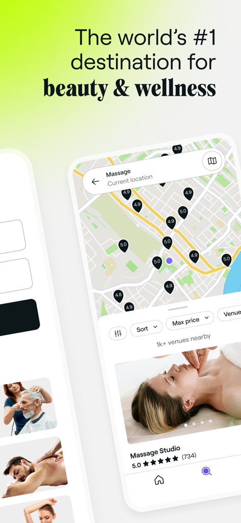 Fresha app interface showing a map with nearby massage studios and high ratings for beauty and wellness services.