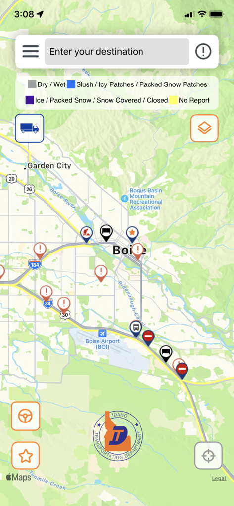 Idaho 511 mobile app showing road conditions and traffic incidents on a map of Boise