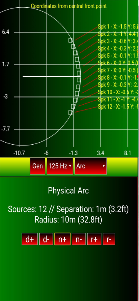 Omni Sub - Omni Sub app interface displaying a physical arc configuration for twelve subwoofers with coordinate data