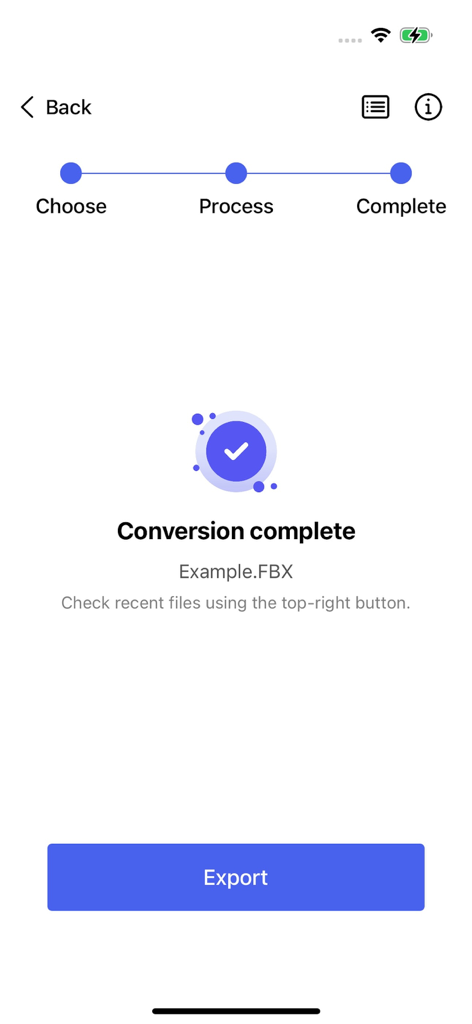LiDARConvert 3D Data Converter - Screenshot of the LiDARConvert app showing a successful 3D data conversion to FBX format with an export button.