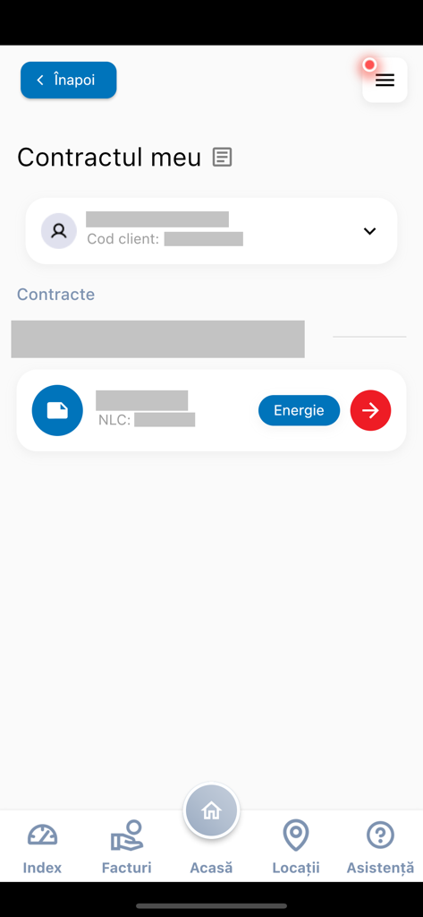 Interface of the MyElectrica app displaying user contract information and energy services