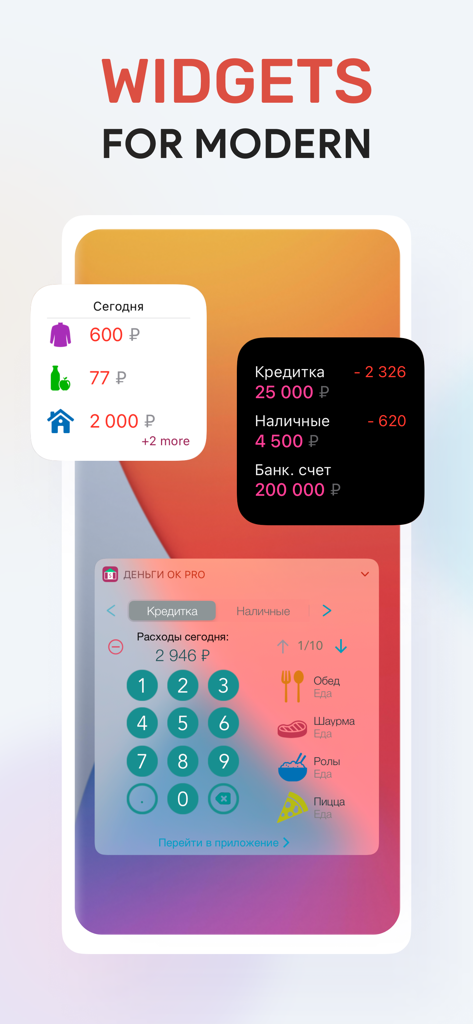 iOS widgets for Money OK personal finance app showing daily expenses and account balances