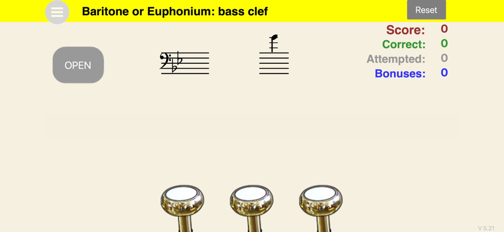 Brass Up! - Brass Up 앱, 바리톤 또는 유포니움 운지법 연습 인터페이스, 가상 밸브 및 베이스 클레프 표기 포함