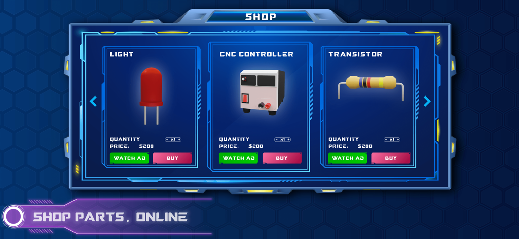 回路設計3Dシミュレーターのゲーム内ショップインターフェース。赤いLEDや抵抗器などの電子部品が販売されている様子