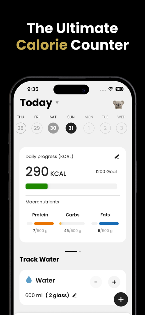 Calorie Calculator: CalMate AI - CalMate AI App-Dashboard mit täglichem Kalorienfortschritt, Aufschlüsselung der Makronährstoffe und Wasserrückverfolgung